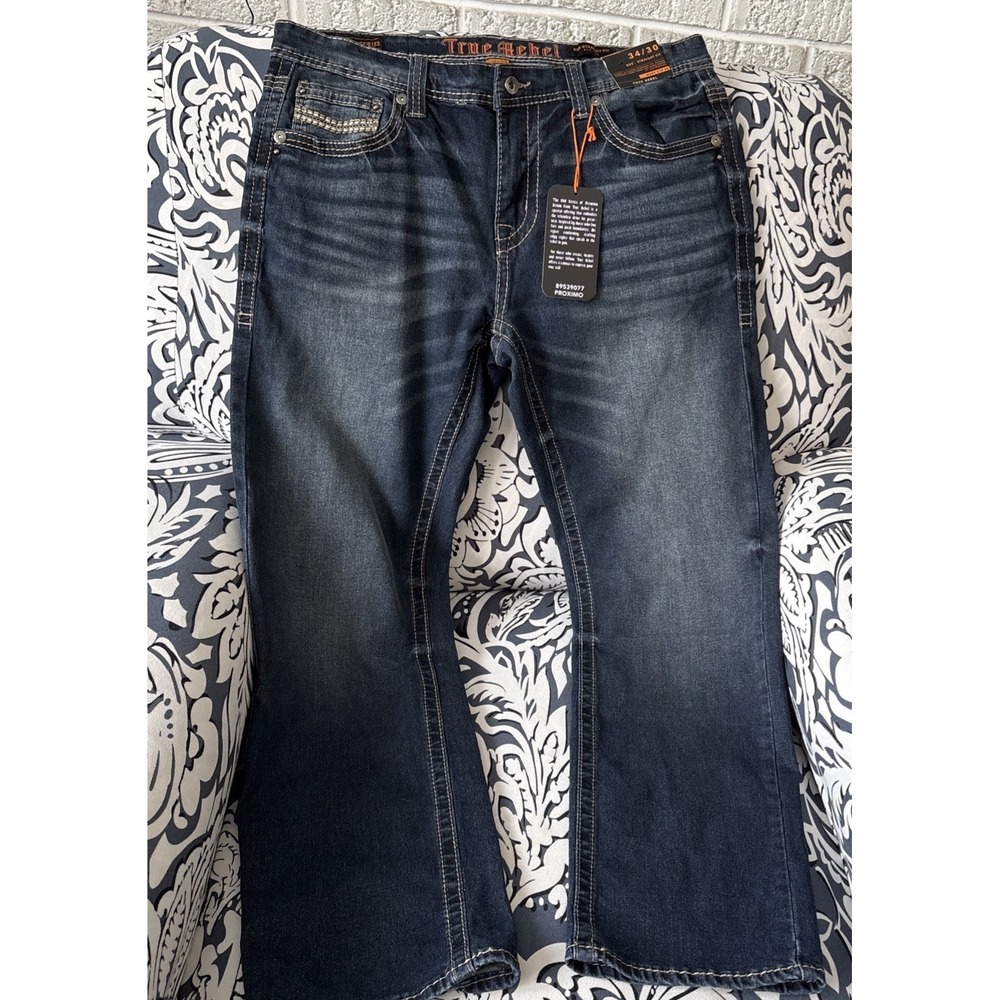 True Rebel Jeans 805 Straight Fit Mens 34x30 Blue Dark Wash Cotton Blend
